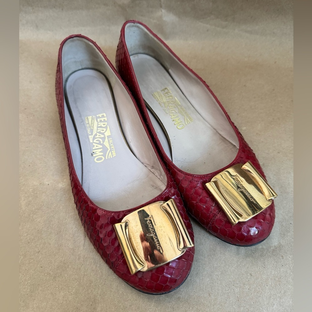 Salvatore Ferragamo Red “Snakeskin” Leather Flats with Gold Buckle. Size 6.5